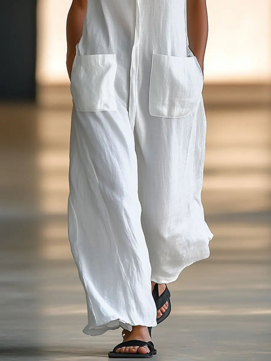 Casual Retro White Linen Sleeveless Jumpsuit