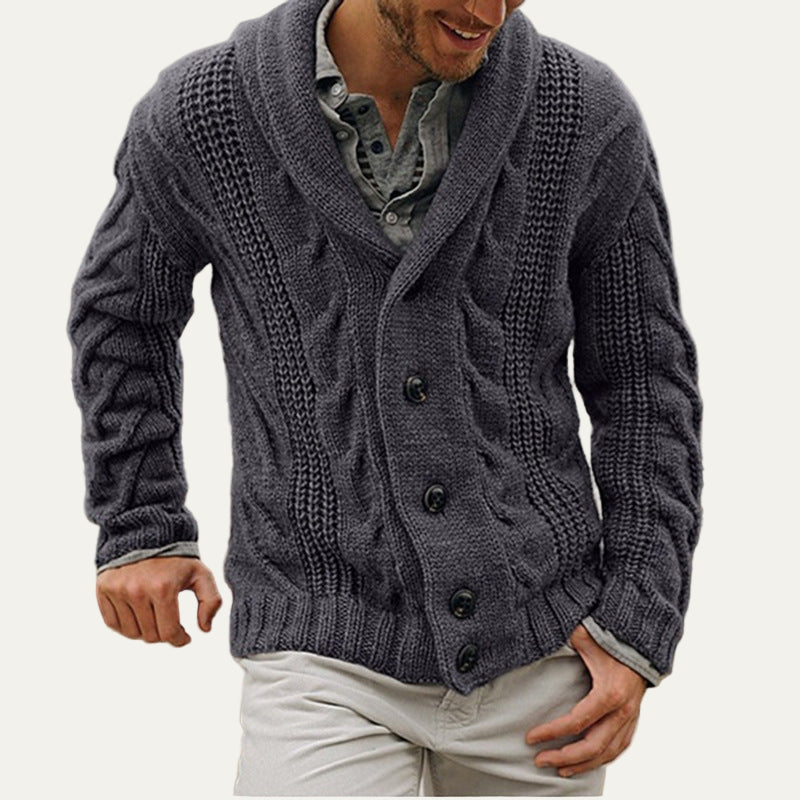 Men’s Thick Cable Knit Shawl Collar Cardigan