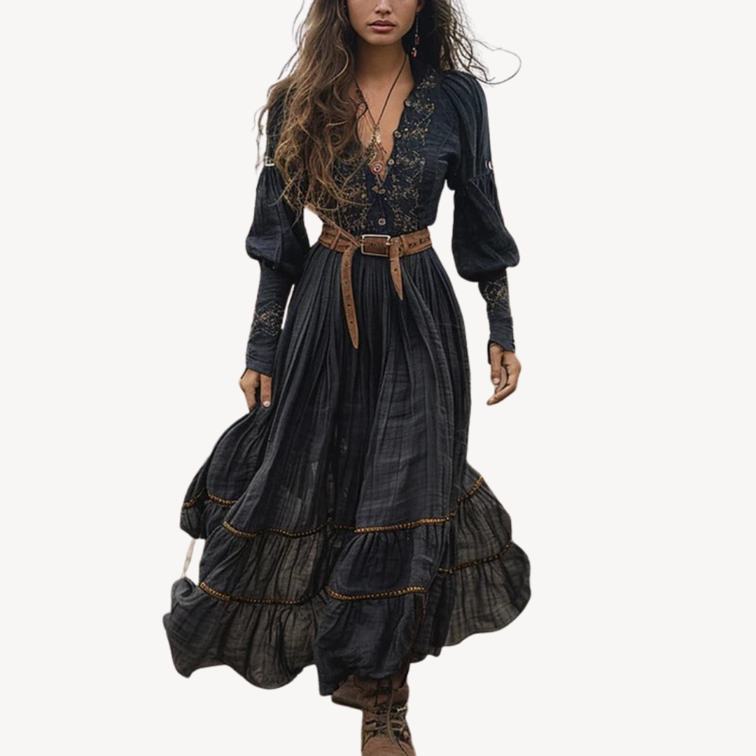 Boho Floral Embroidered Maxi Dress with Belt