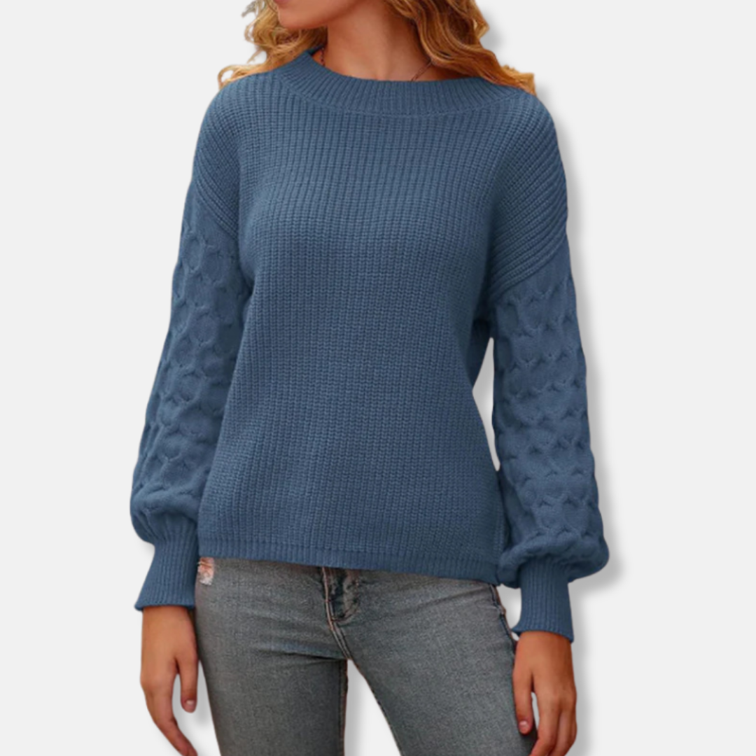 Women’s Pullover Sweatshirt – Relaxed Fit – Textured Knit – Balloon Sleeves – Ribbed Trim