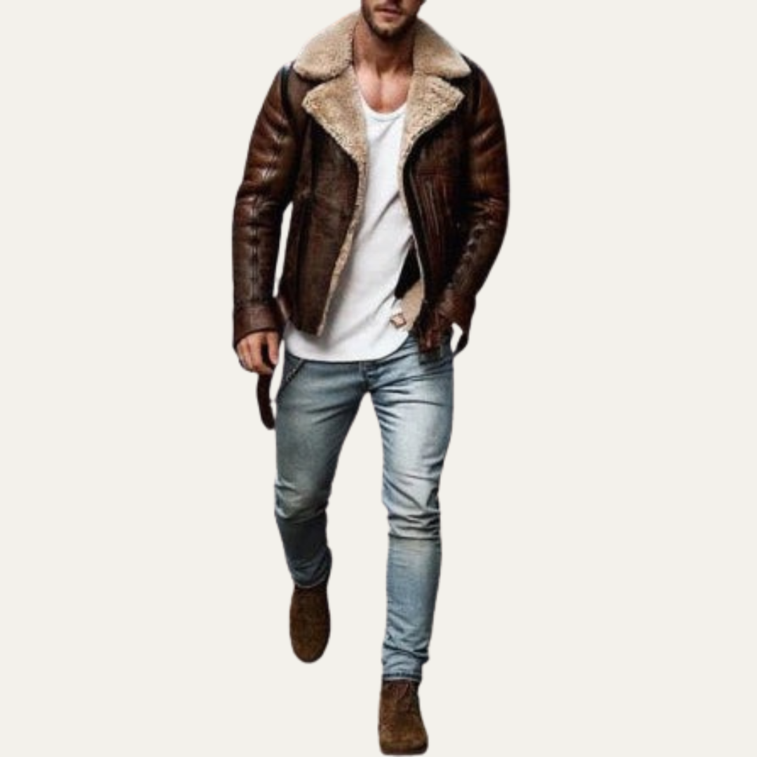 Men’s Rugged Shearling Flight Jacket with Belted Hem