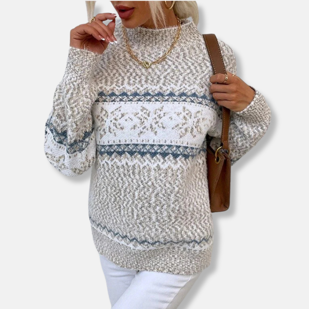 Women’s Knit Sweatshirt – Oversized Fit – Mock Neck – Fair Isle Pattern – Ribbed Cuffs