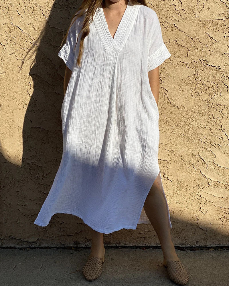 Simple V-Neck Short Sleeve Summer Dress for Women - BritishElegance