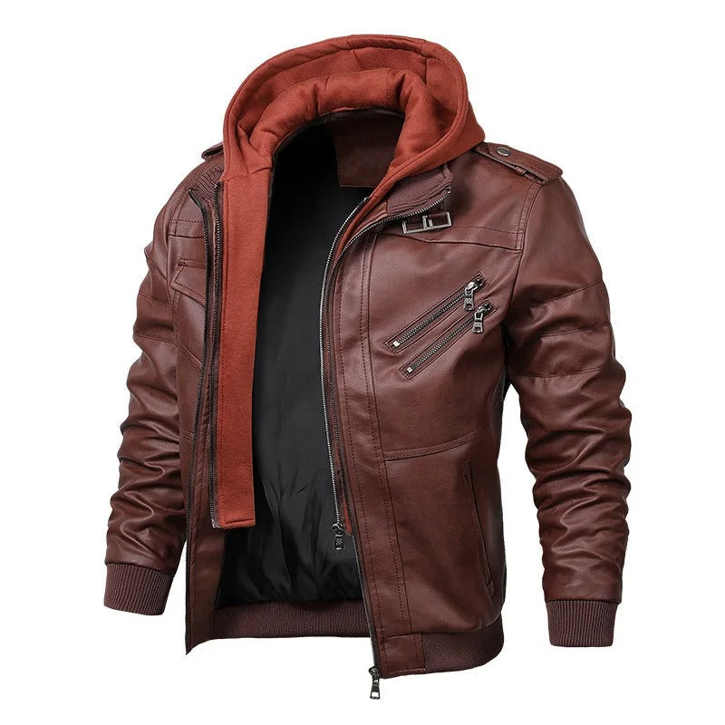 Men’s Faux Leather Moto Jacket with Detachable Hood
