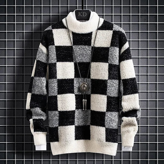 Warm Mens Checked Crew Neck Sweater