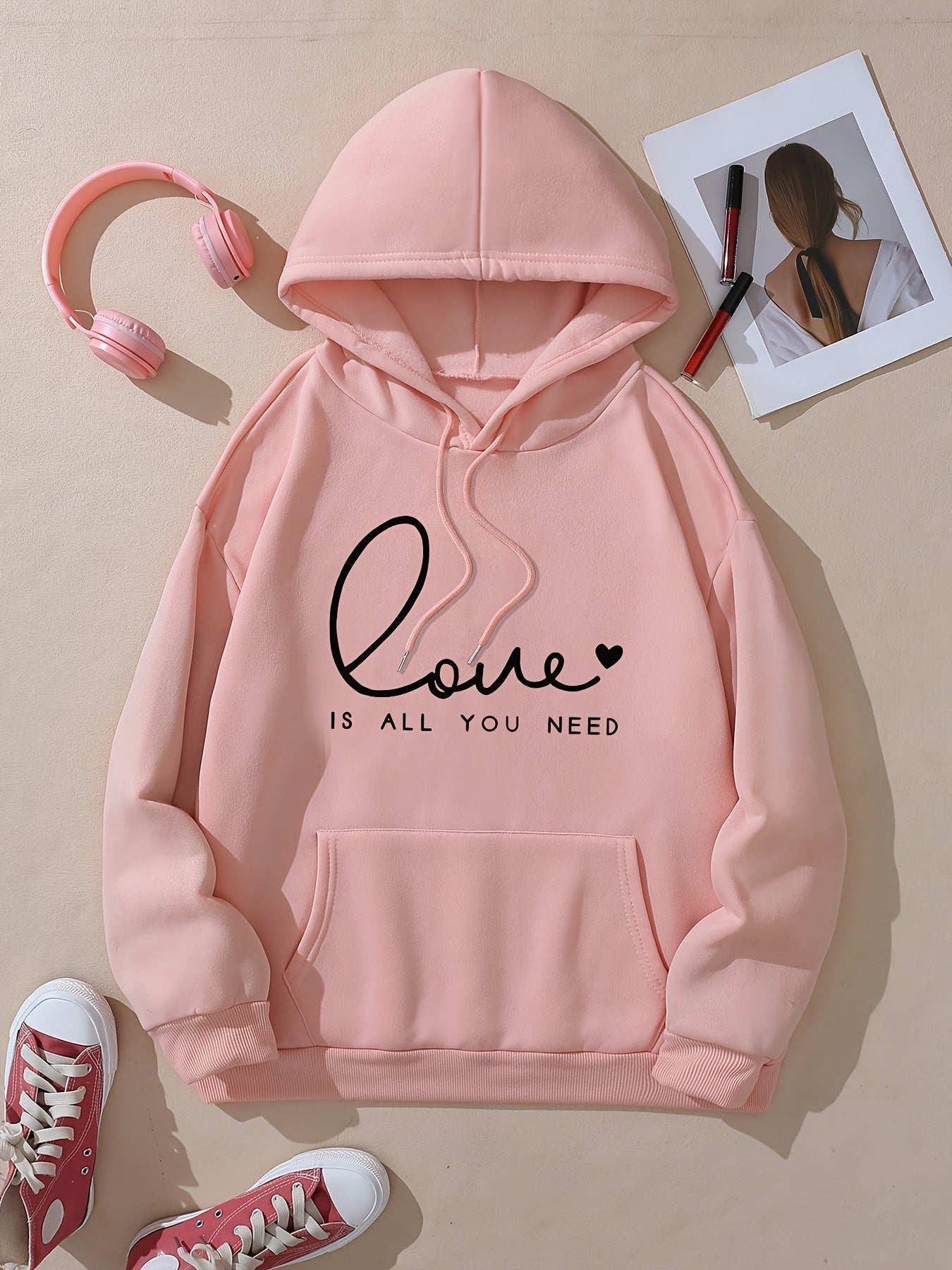 Comfy Women's Large Hoodie with Love Print Pocket