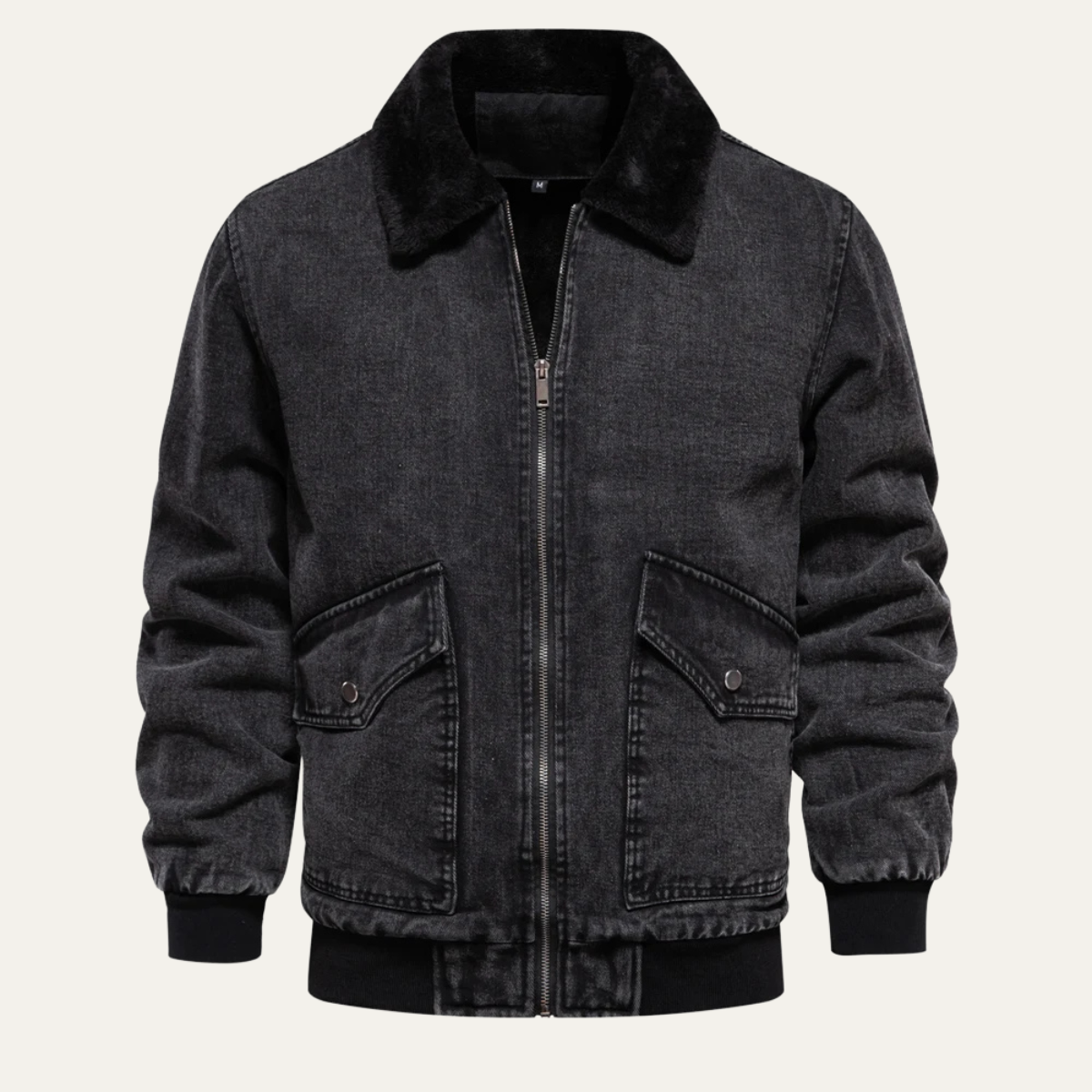 Men’s Washed Denim Bomber Jacket with Faux Fur Collar