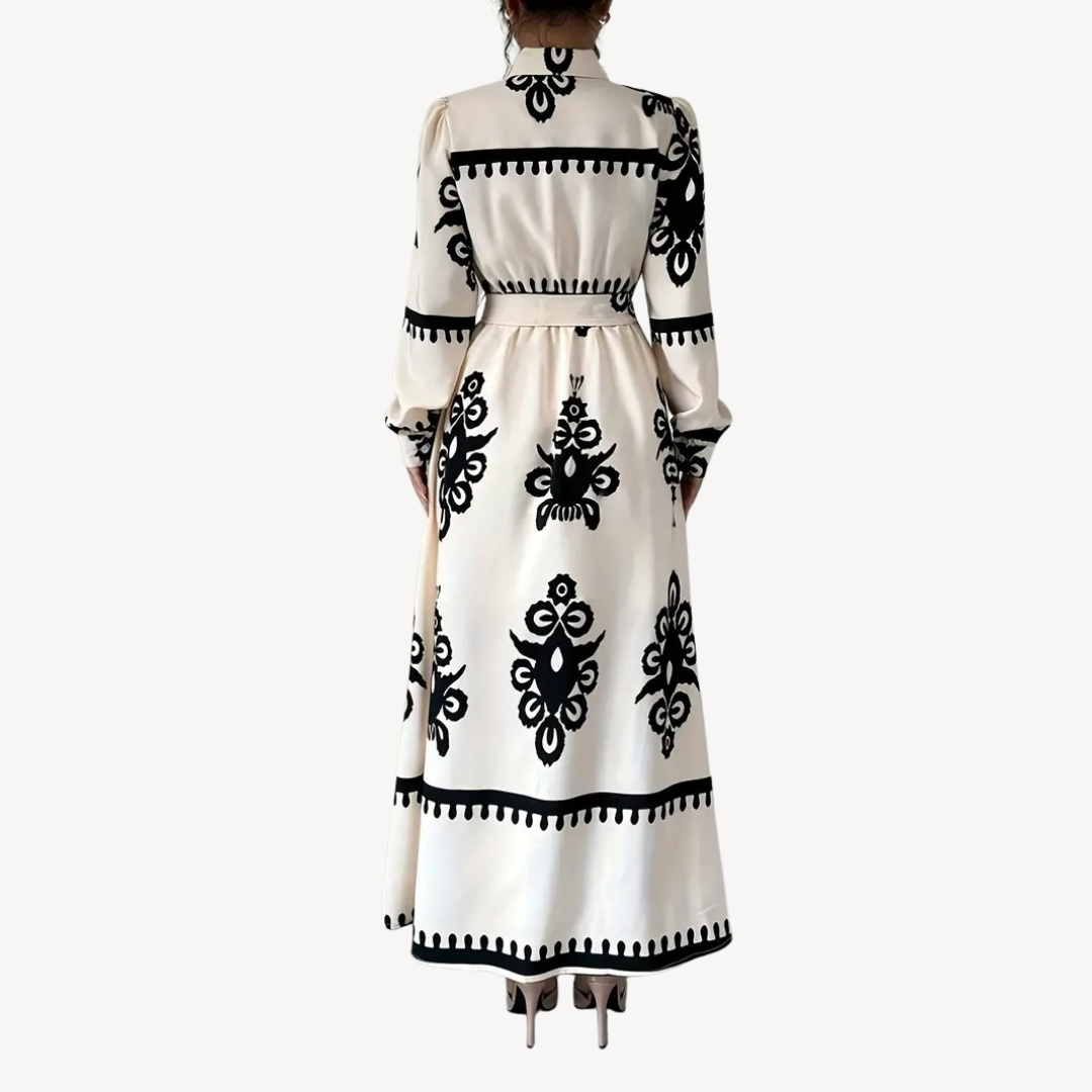 Black and White Floral Printed Maxi Dress with Belt for Women