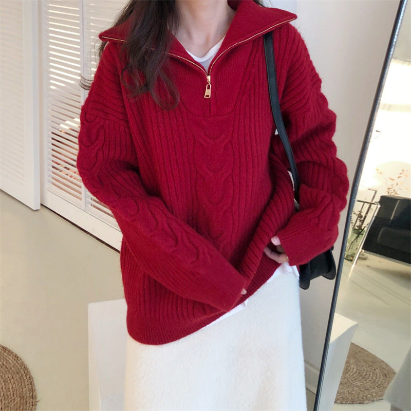 Women's Classic Cream Sweater with Zip