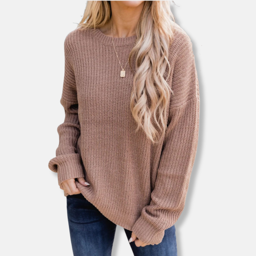 Women’s Knit Sweater – Wool Blend – Relaxed Fit – Ribbed Texture – Long Sleeve – Round Neck