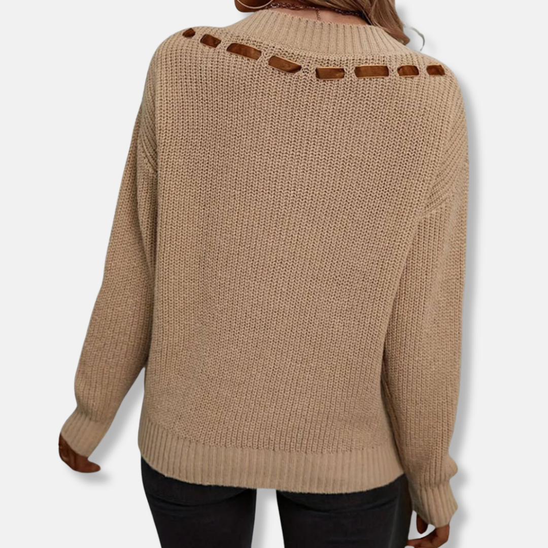 Women’s Sweatshirt – Relaxed Fit – Ribbed Knit – V-Neck with Ribbon Tie – Long Sleeve