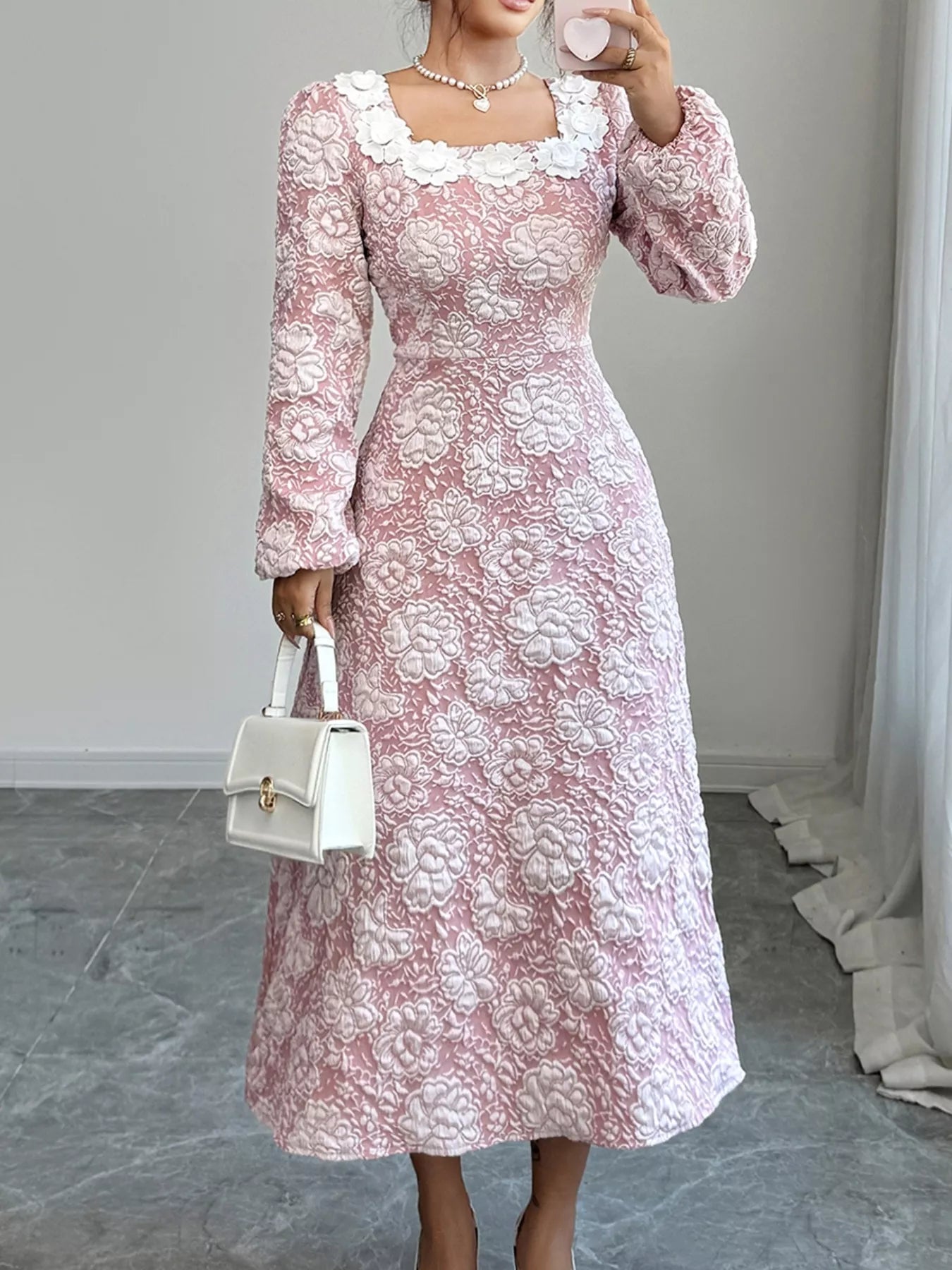 Pretty Embroidered Round Neck Mid Dress - BritishElegance