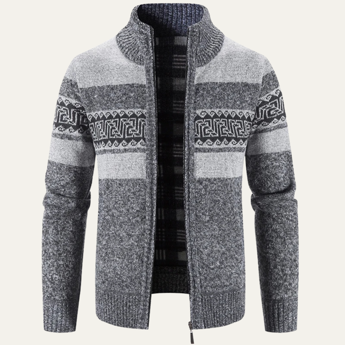 Men’s Zip Up Cardigan with Stand Collar and Chest Pattern