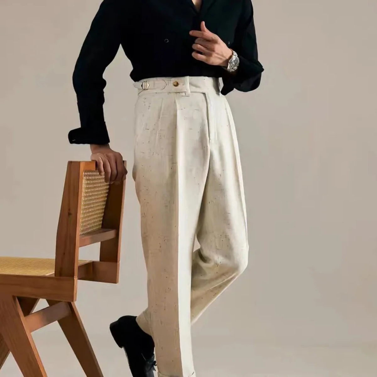 The Viareggio Men's Apricot Adjustable Buckle Smart Casual Trousers
