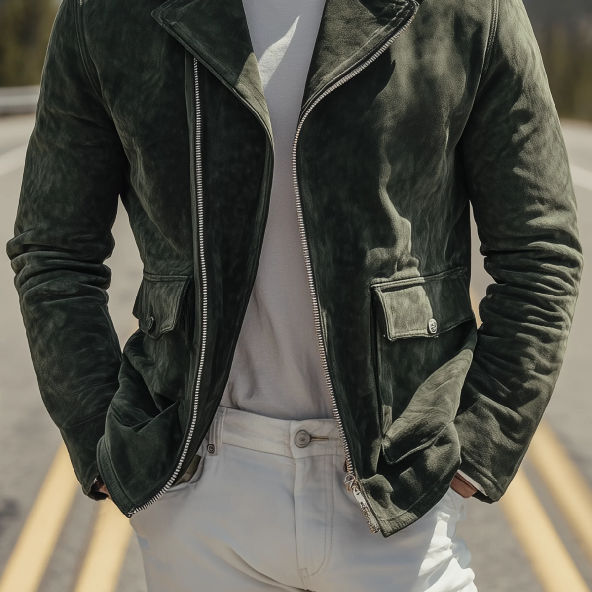 The Regent Men’s Olive Vintage Suede Motorcycle Biker Jacket