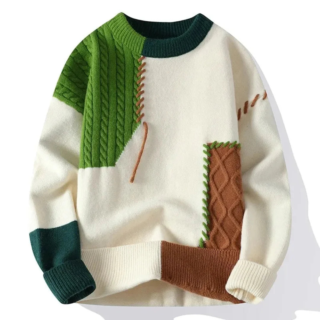 Men’s Patchwork Crew Neck Sweater with Contrast Panels
