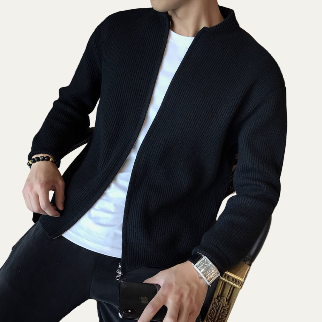 Men’s Full Zip Knit Cardigan with Short Stand Collar