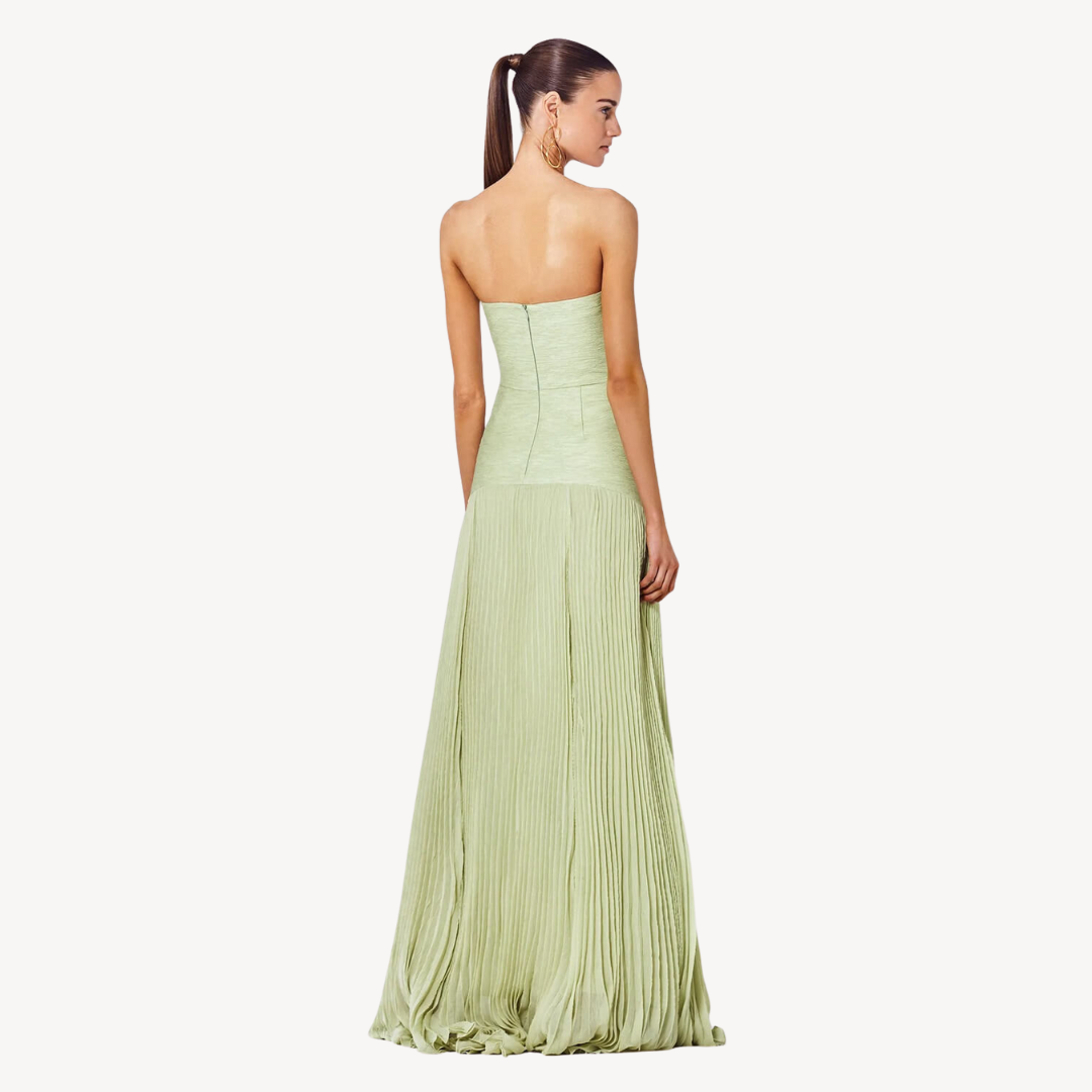 Women's Green Pleated Strapless Gown