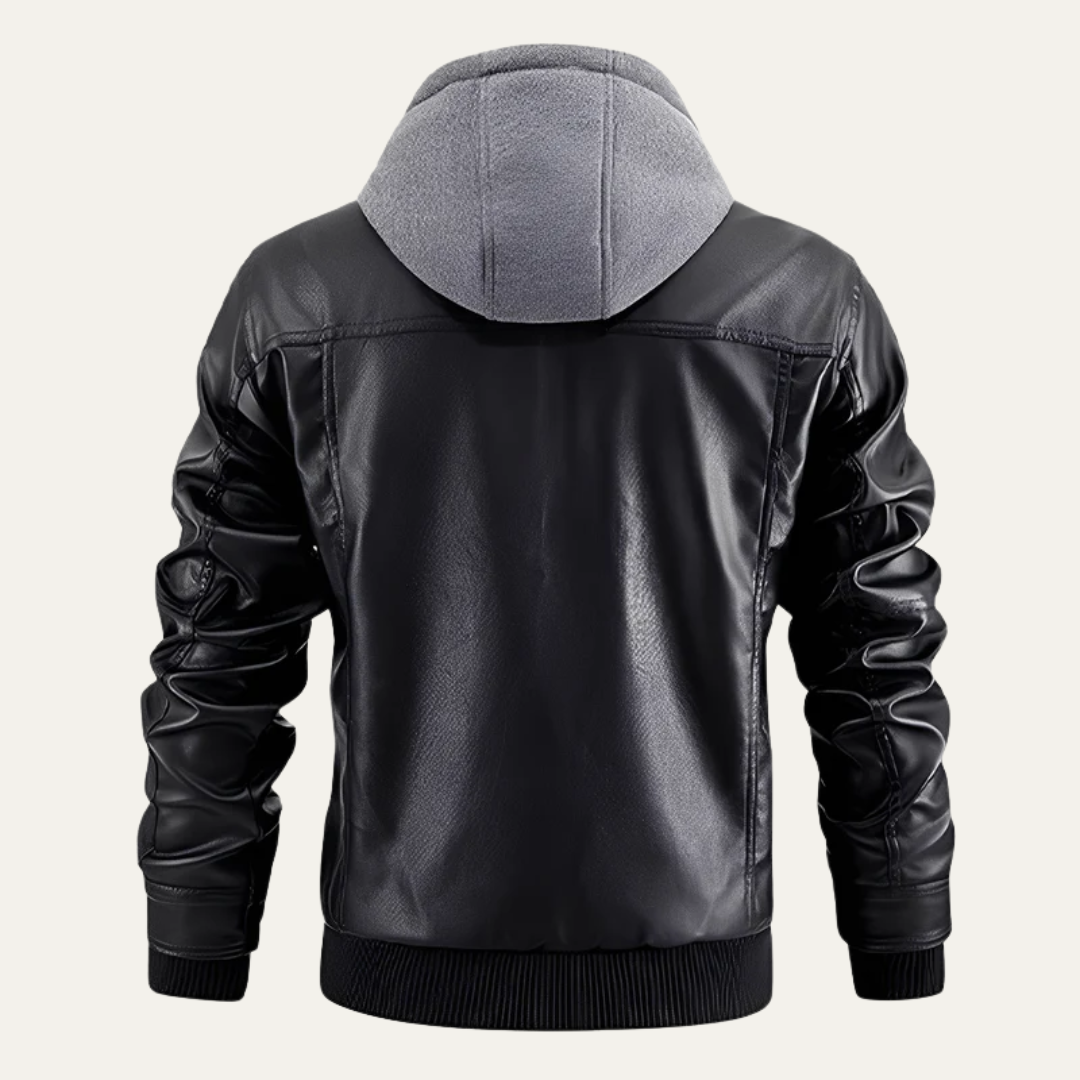 Men’s Layered Faux Leather Moto Jacket with Hood