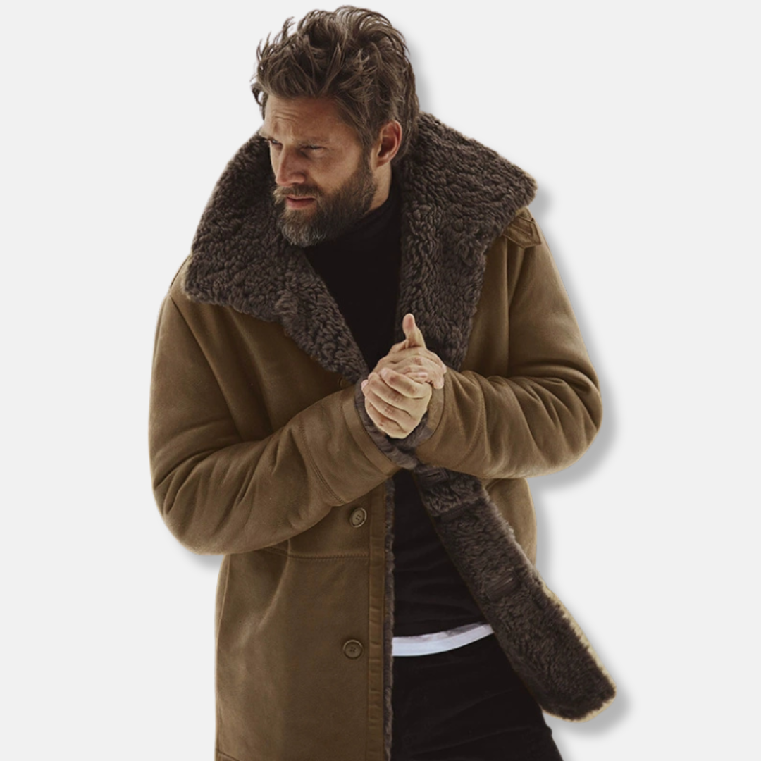 Men’s Coat – Relaxed Fit – Shearling Collar – Button Front – Mid-Thigh Length