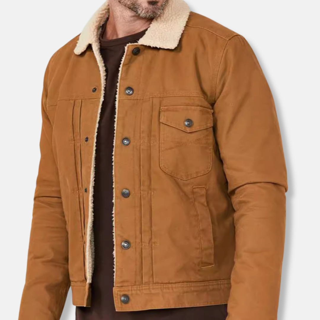 Men’s Trucker Jacket – Relaxed Fit – Sherpa Collar – Button Front – Durable Cotton