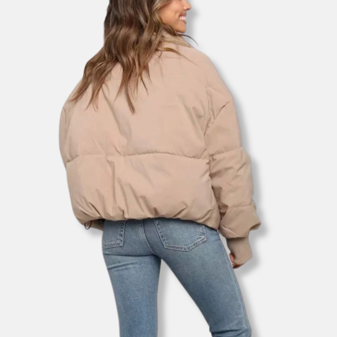 Women’s Puffer Jacket – Oversized Fit – Cropped Length – Stand Collar – Ribbed Cuffs