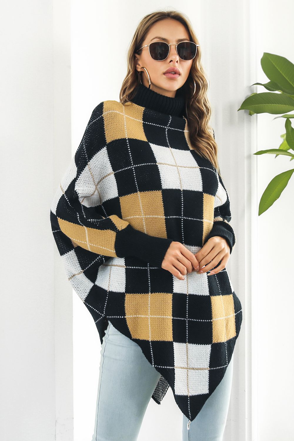 Checked Pattern Oversized Turtleneck Poncho Cape - BritishElegance