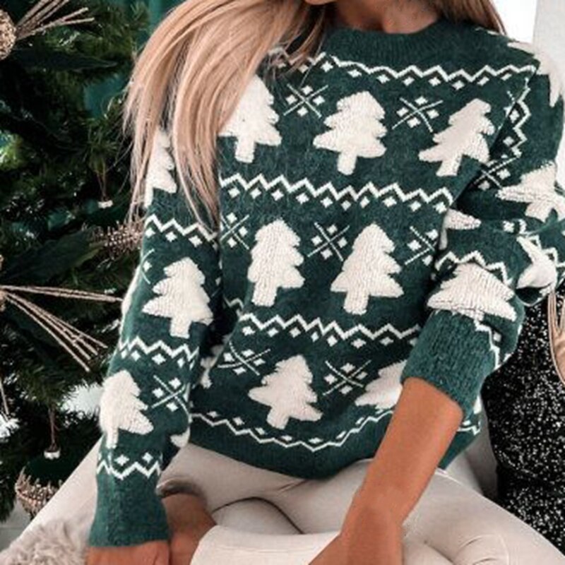 Christmas knitted sweater with white Christmas tree pattern