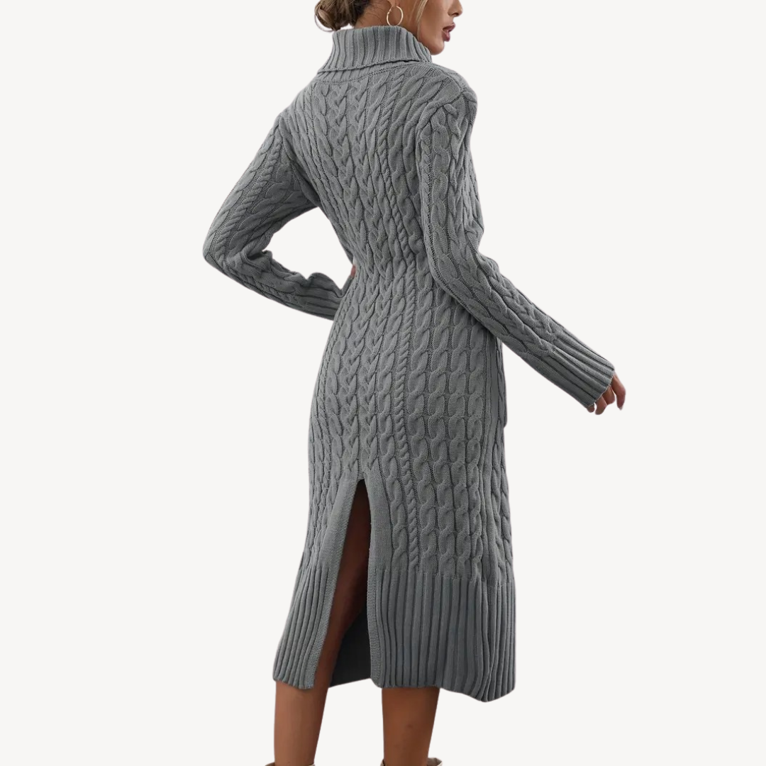 Grey Cable Knit Turtleneck Dress