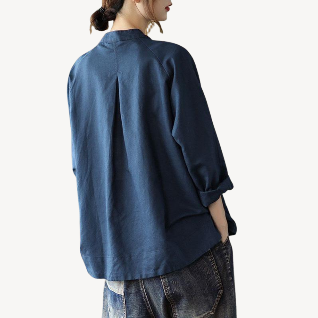 Women's Linen Blend Mandarin Collar Shirt