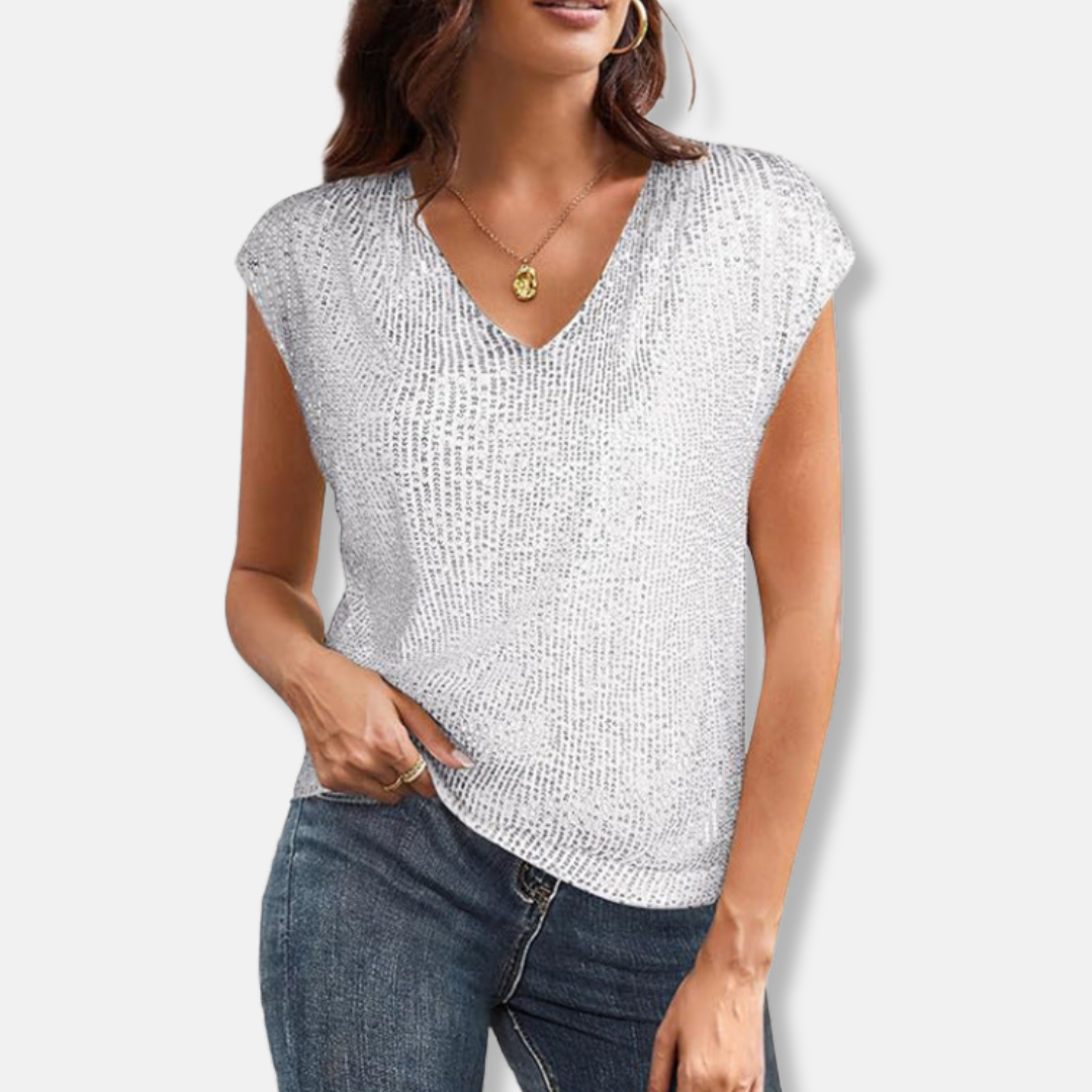 Lily Sequin V-Neck Top | Relaxed Fit Cap Sleeve Top