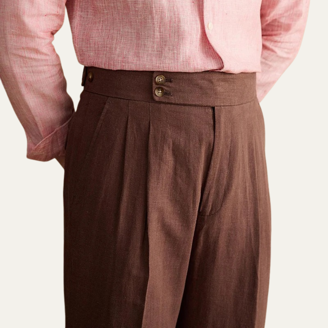 Men’s High-Waisted Trousers with Pleats and Cuffed Hem