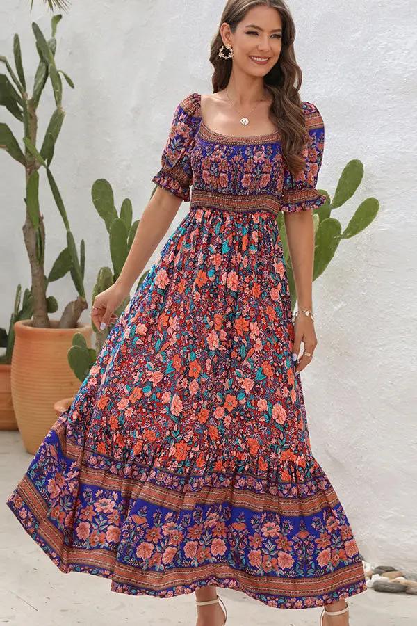 Bohemia Printed Smocked Short Sleeve Maxi Dress