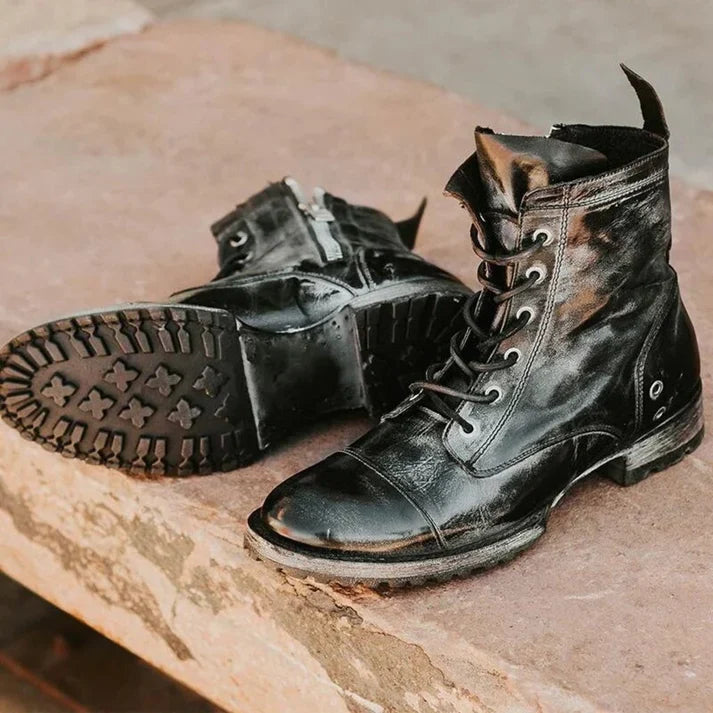 Rugged Lace-Up Ankle Boots with Side Zipper