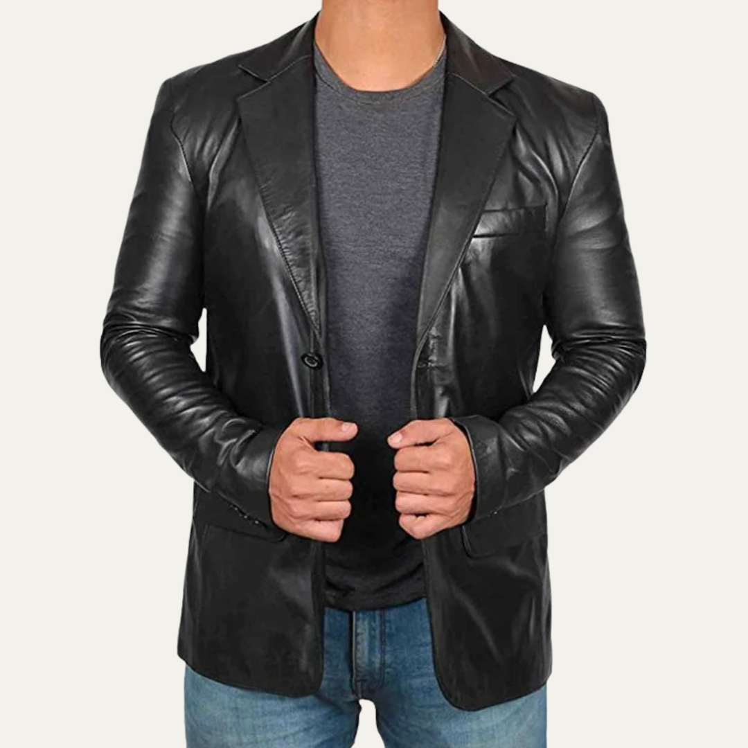 Men’s Sleek Faux Leather Single Button Blazer