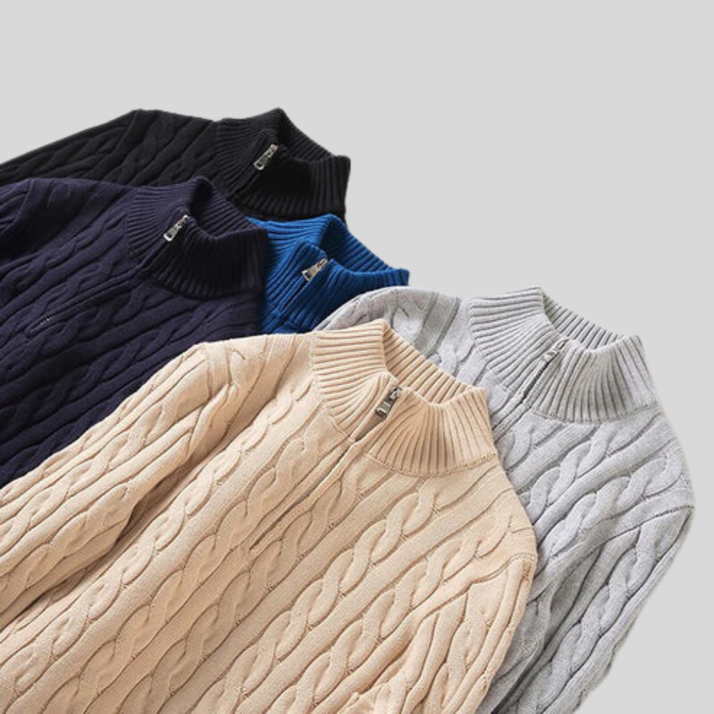 Men’s Cable Knit Mock Neck Quarter Zip Sweater