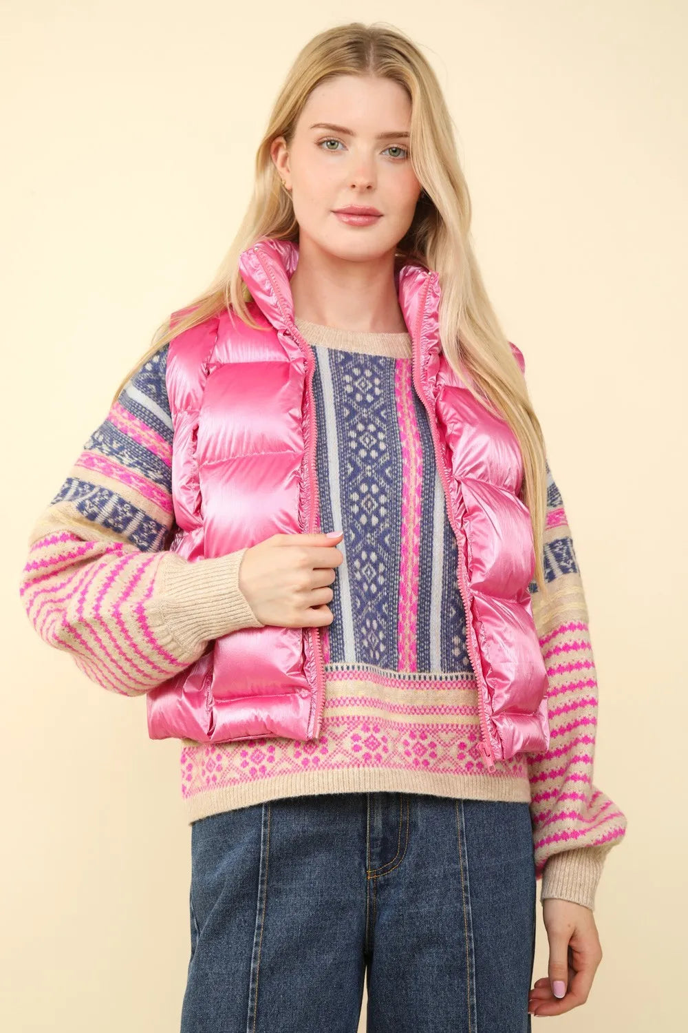 Glossy Silver Puffer Vest for Women - BritishElegance
