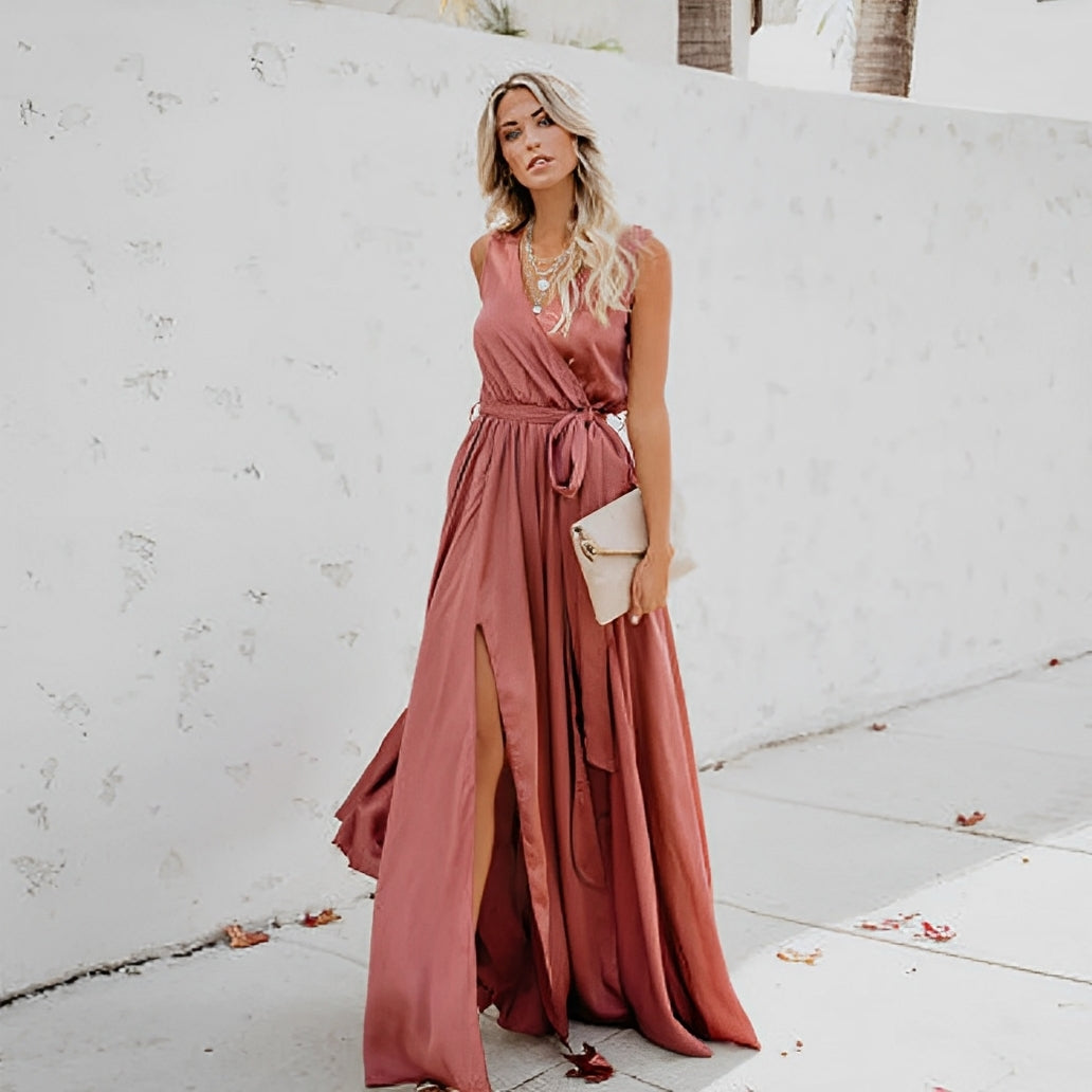 Beautiful Long Evening Dress with Satin Waist Belt