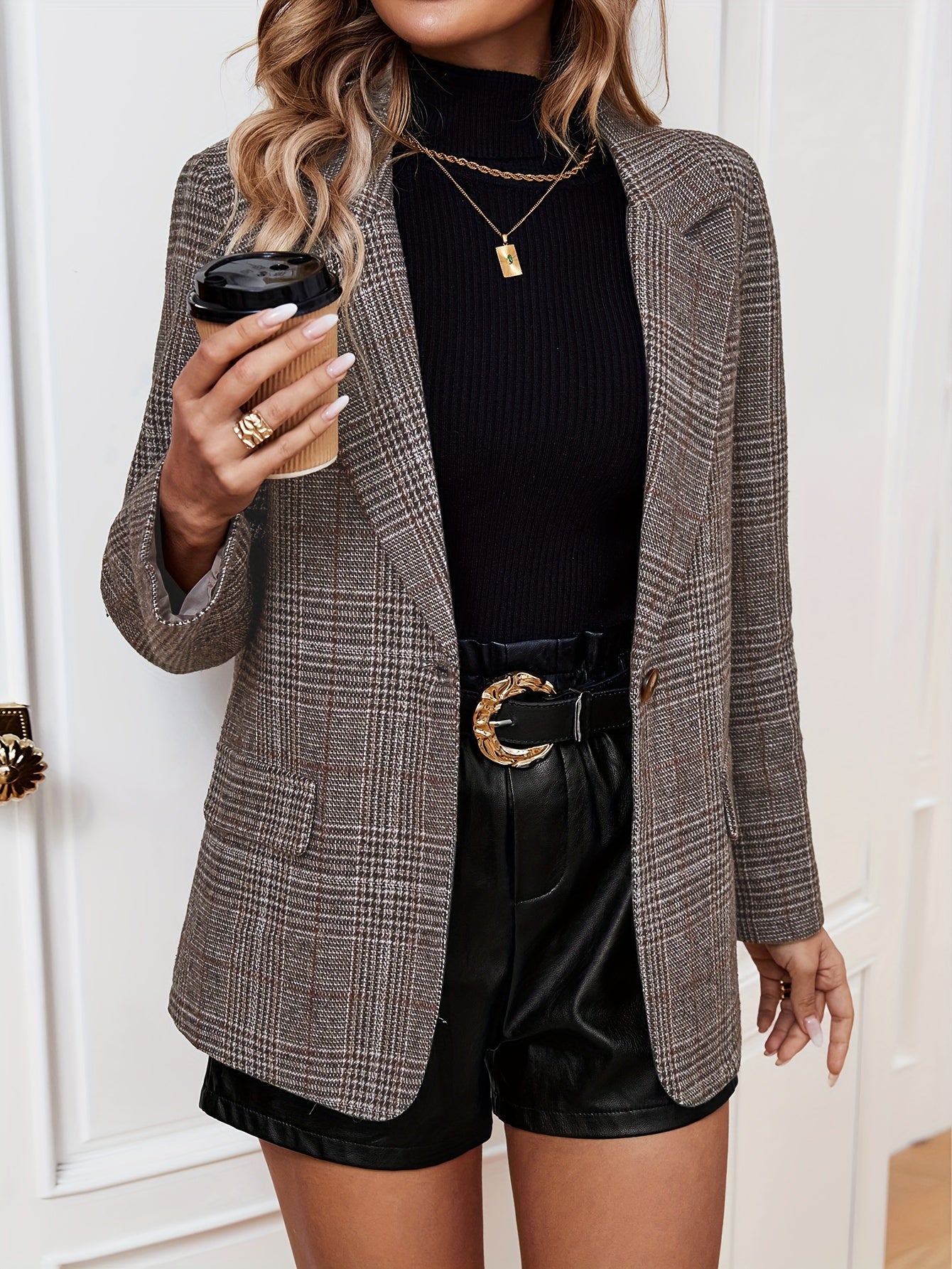Classic Grid Pattern Women's Office Blazer Jacket - BritishElegance