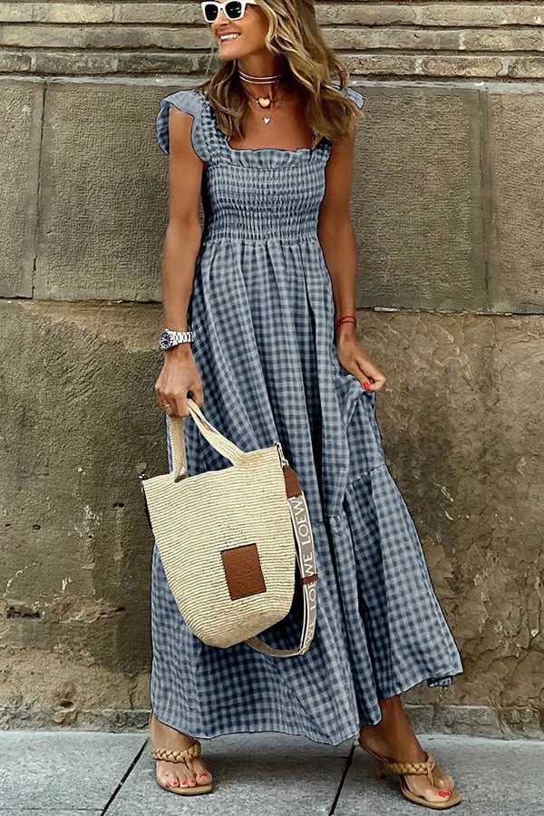 Women's Elegant Printed Long Dress with Classic Plaid Design