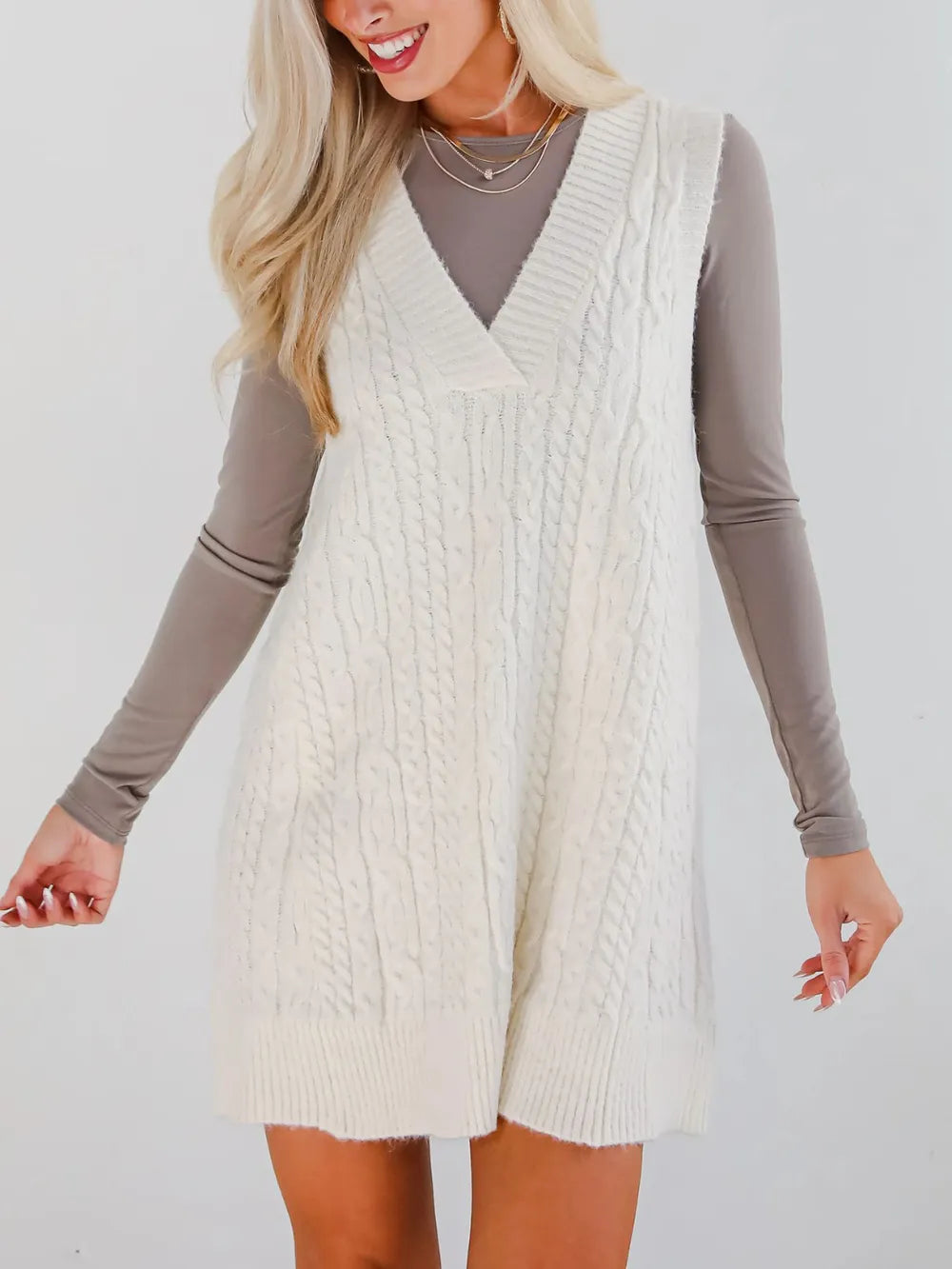 Comfy Cable Knit V-Neck Sweater Dress