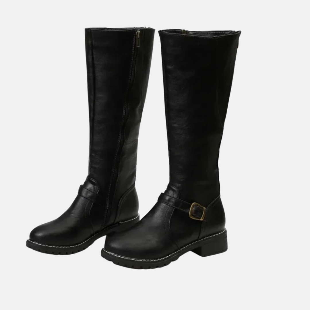Sienna Knee High Boots | Buckle Strap Low Block Heel Boots