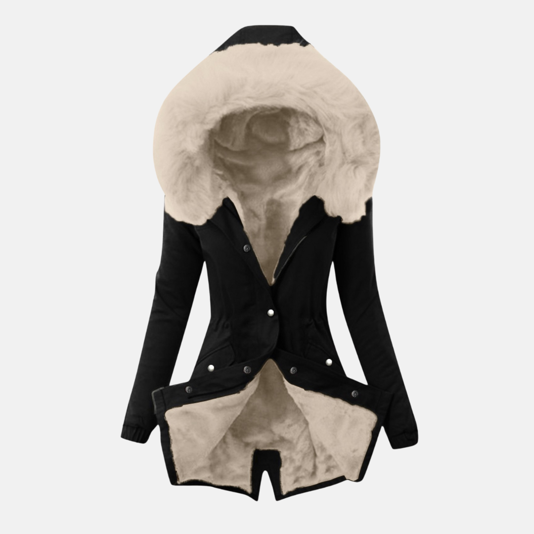 Women’s Jacket – Slim Fit – Plush-Lined Hood – Adjustable Waist – Mid Length – Flap Pockets