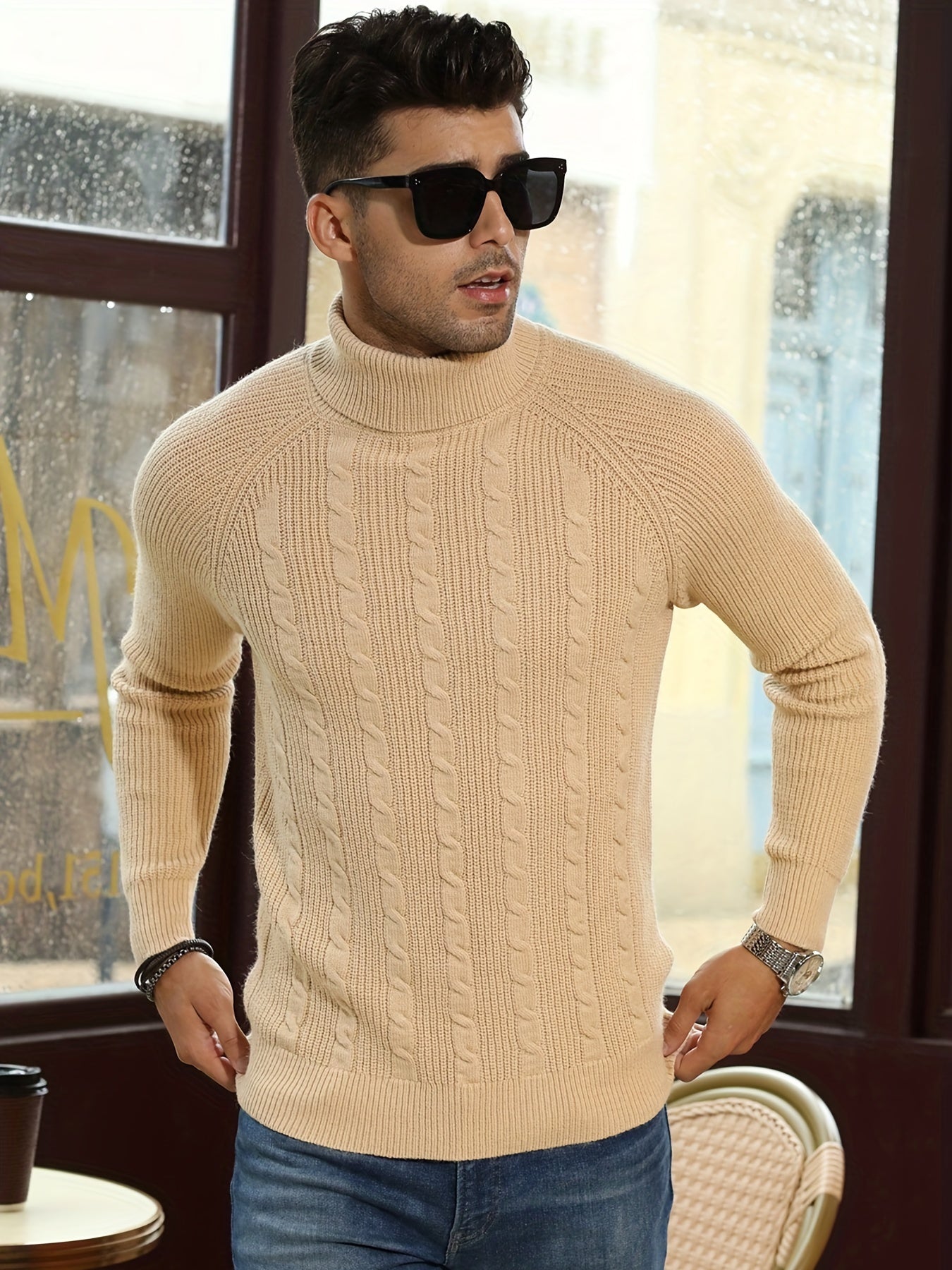 Soft Beige Crew Neck Winter Sweater for Men - BritishElegance