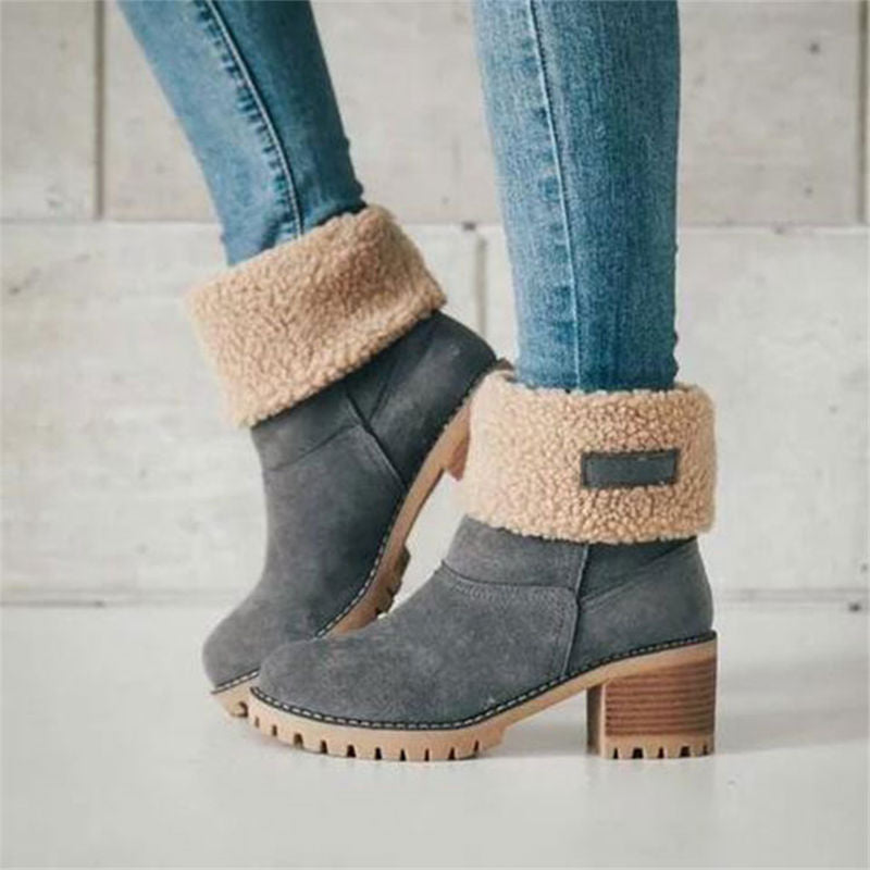 Warm Fuzzy Ankle Boots for Women with Low Heel
