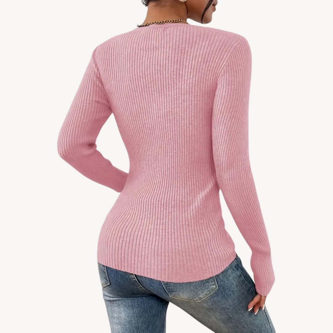 Ribbed Button Henley Top for Women