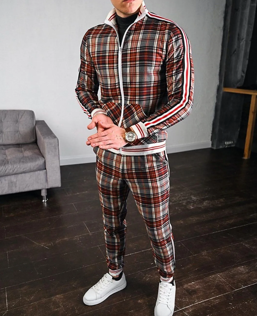 Men's Checked Sportswear Tracksuit Set with Contrast Cuffs