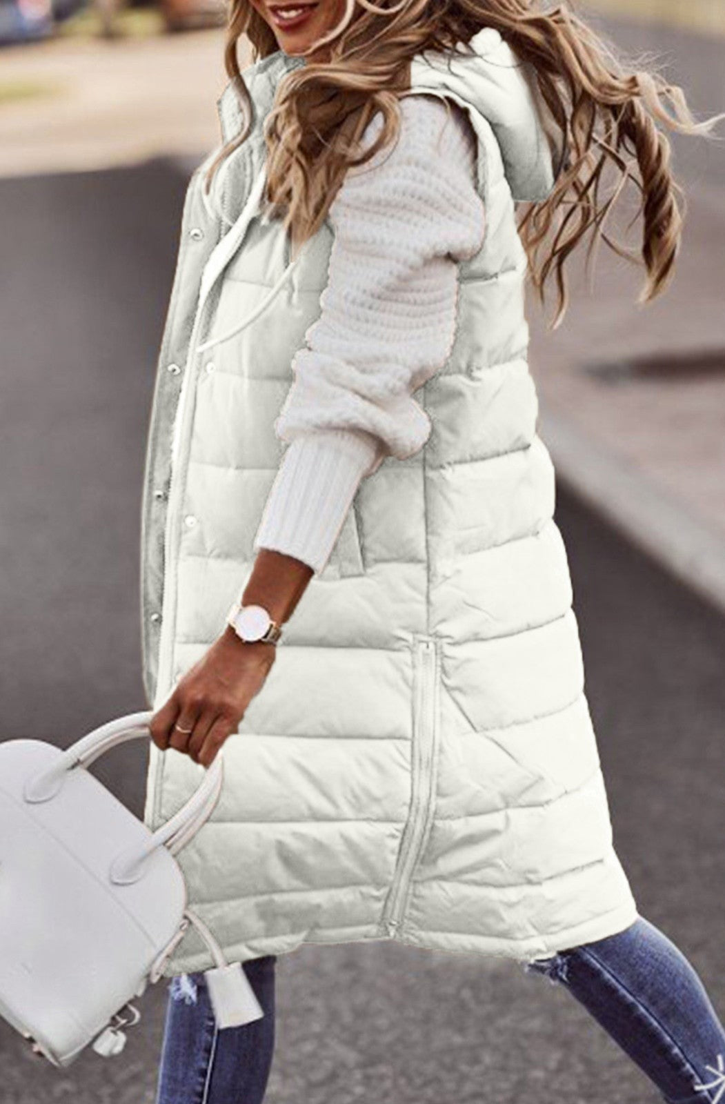 Dane | Women’s Long Bodywarmer – Stylish Oversized Padded Vest with Hood for Cold Days