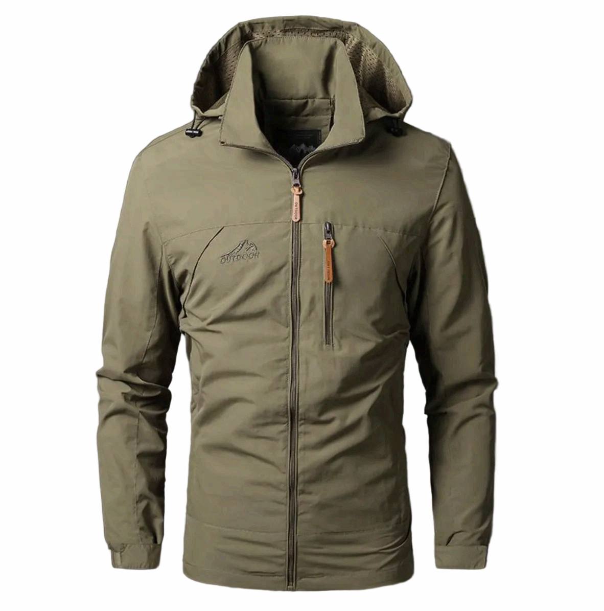 Waterproof men's rain jacket with hood and zipped pockets for outdoor use