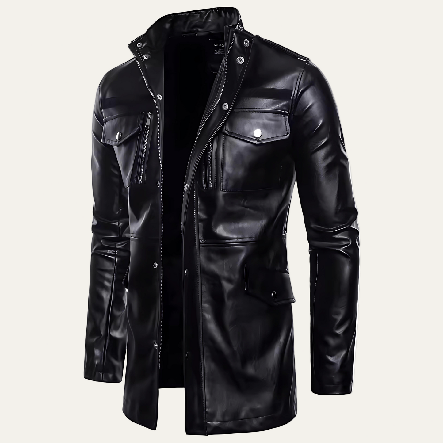 Men’s Mid Length Faux Leather Stand Collar Jacket